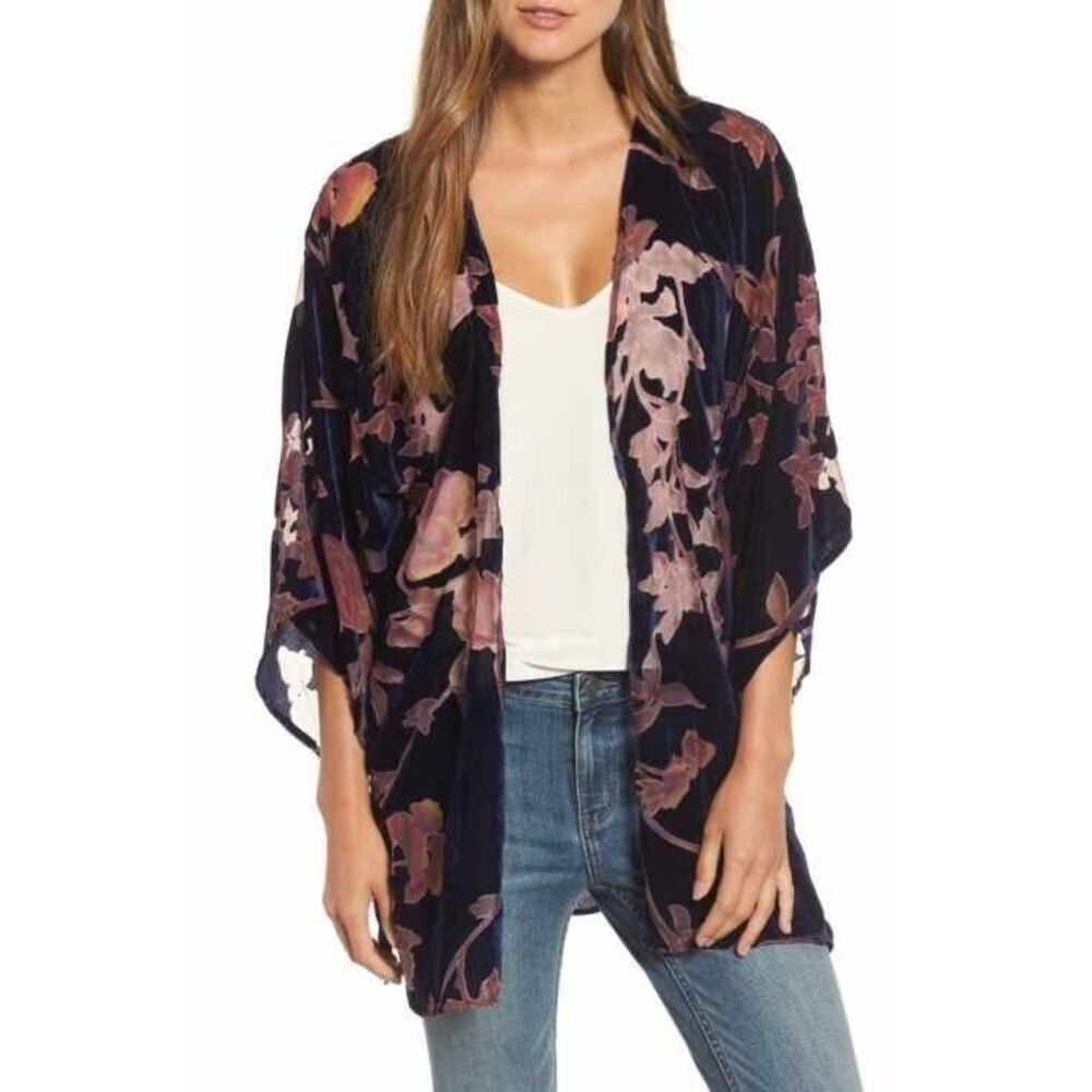 Hinge Seattle Women's Velvet‎ Kimono OS Blue Purple Pink Open Front